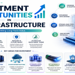 AI infrastructure investment featuring data centers, AI processors, cloud computing, and digital networks.