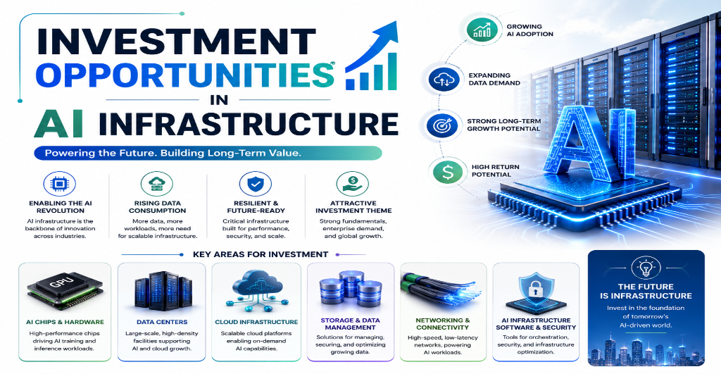 AI infrastructure investment featuring data centers, AI processors, cloud computing, and digital networks.