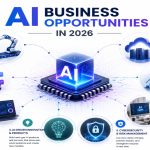 AI-powered business ecosystem showing automation, intelligent analytics, robotics, cloud computing, and enterprise innovation in 2026.
