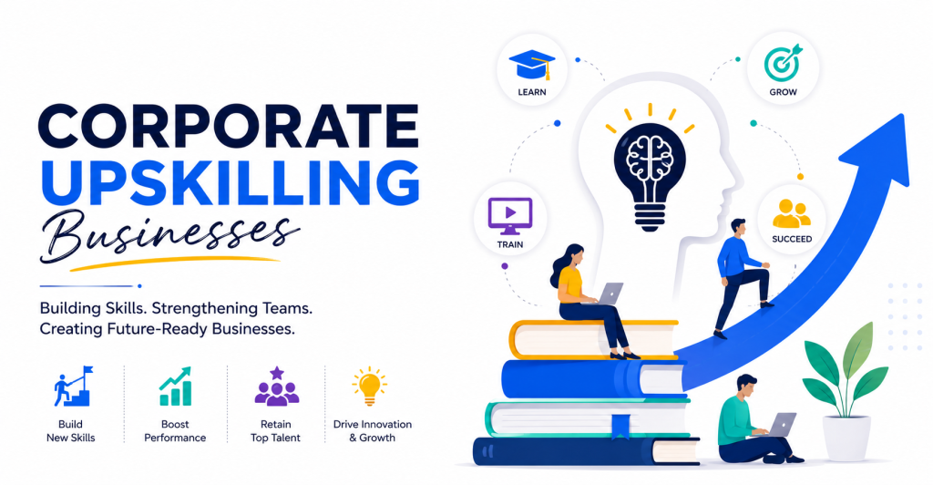 Corporate upskilling illustration showing employee learning and business growth