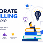 Corporate upskilling illustration showing employee learning and business growth